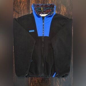 1990s Columbia Full Zip Fleece Jacket Uni-Medium Black/Blue Aztec Print Collar